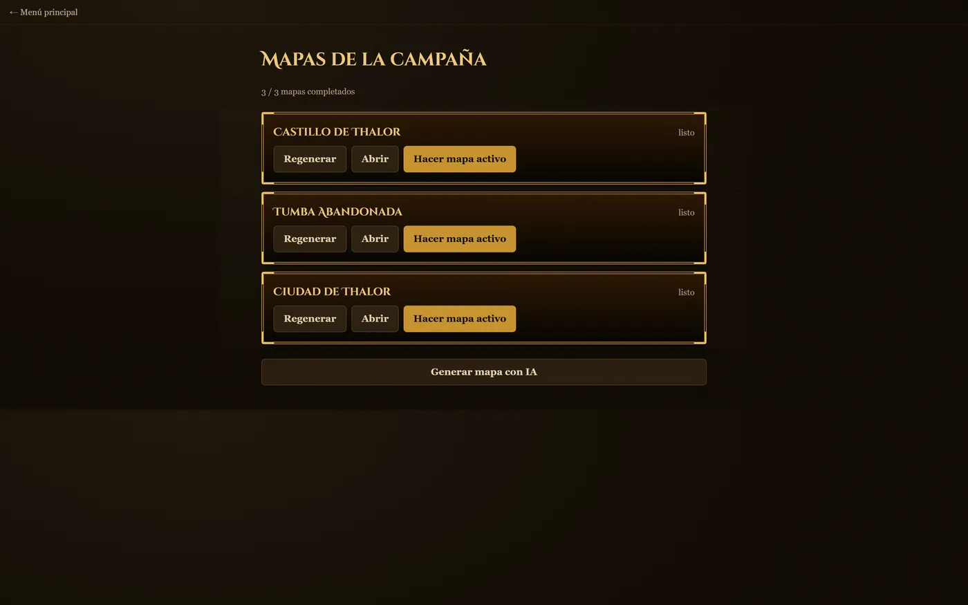 Lista de mapas de la campaña con opciones de regenerar, abrir y hacer mapa activo.