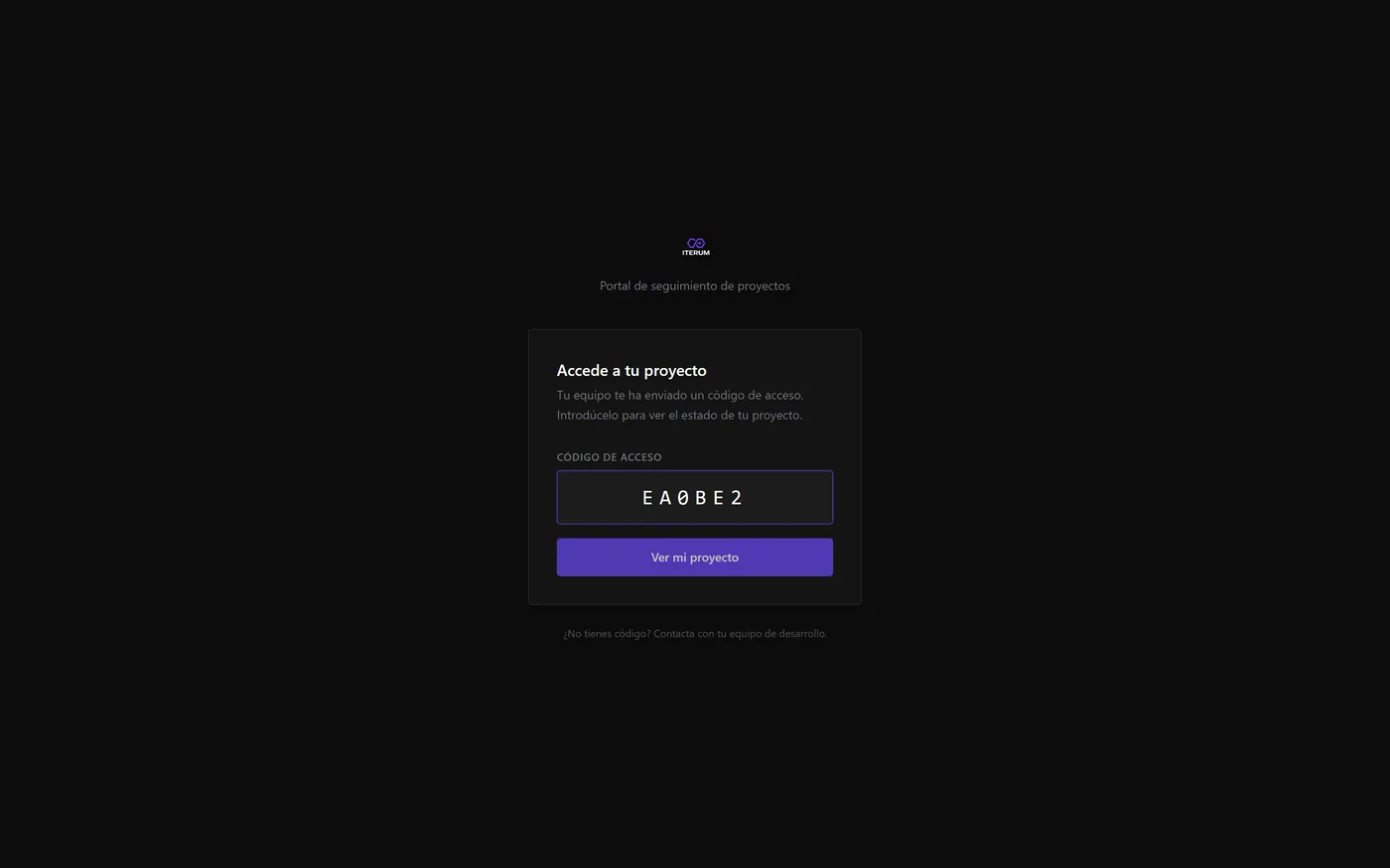 Pantalla de acceso del portal de ITERUM pidiendo un código de seis caracteres.