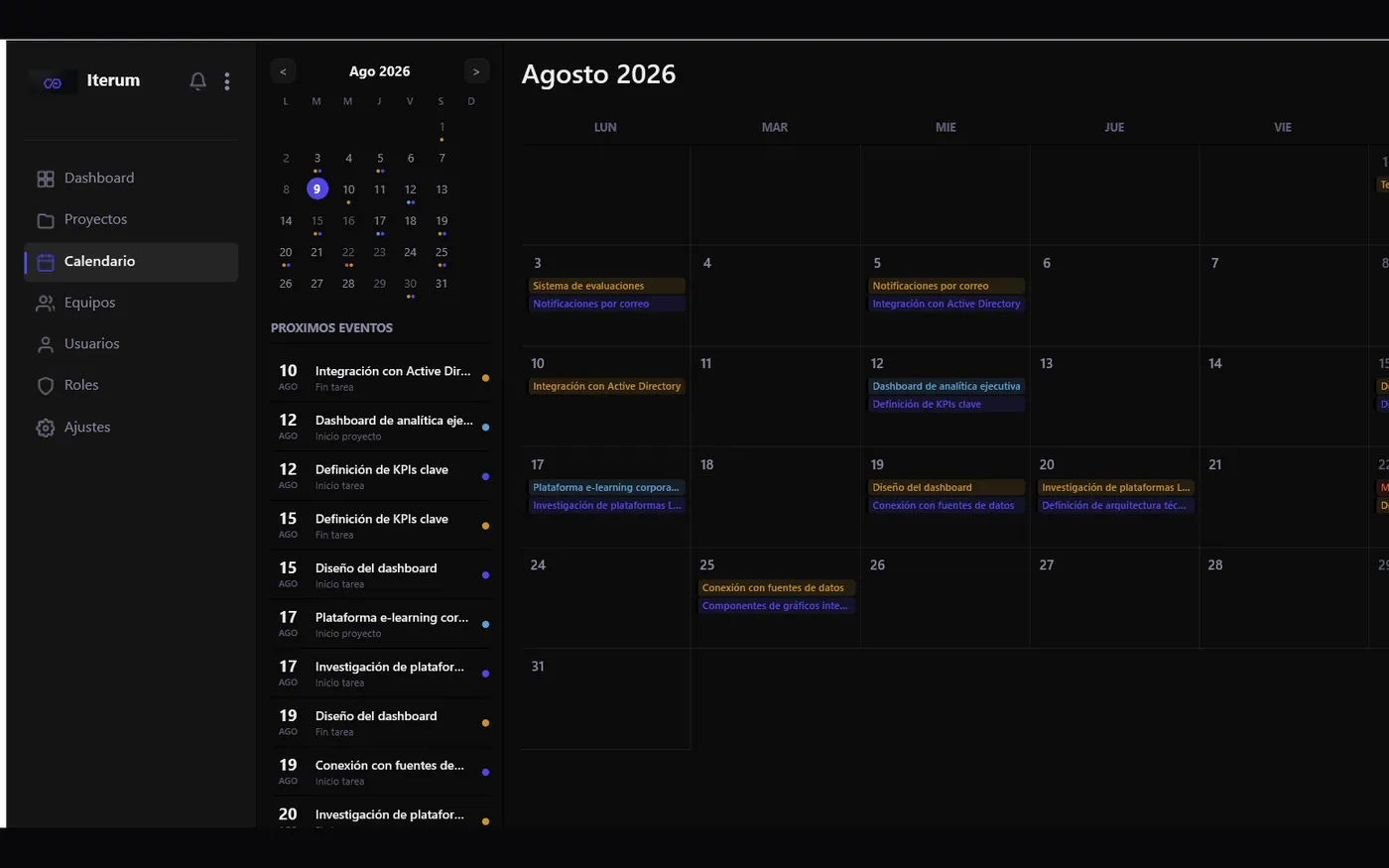 Calendario mensual de ITERUM con inicios y fines de tarea repartidos por días, y una lista lateral de próximos eventos.