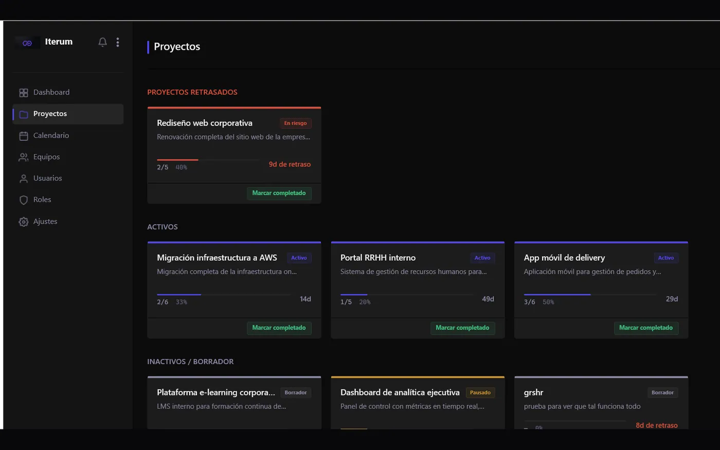 Listado de proyectos de ITERUM agrupados en retrasados, activos e inactivos, cada uno con barra de progreso y días de retraso.