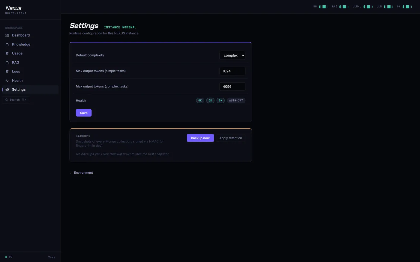 Ajustes de NEXUS: complejidad por defecto, límites de tokens y panel de copias de seguridad firmadas por HMAC.