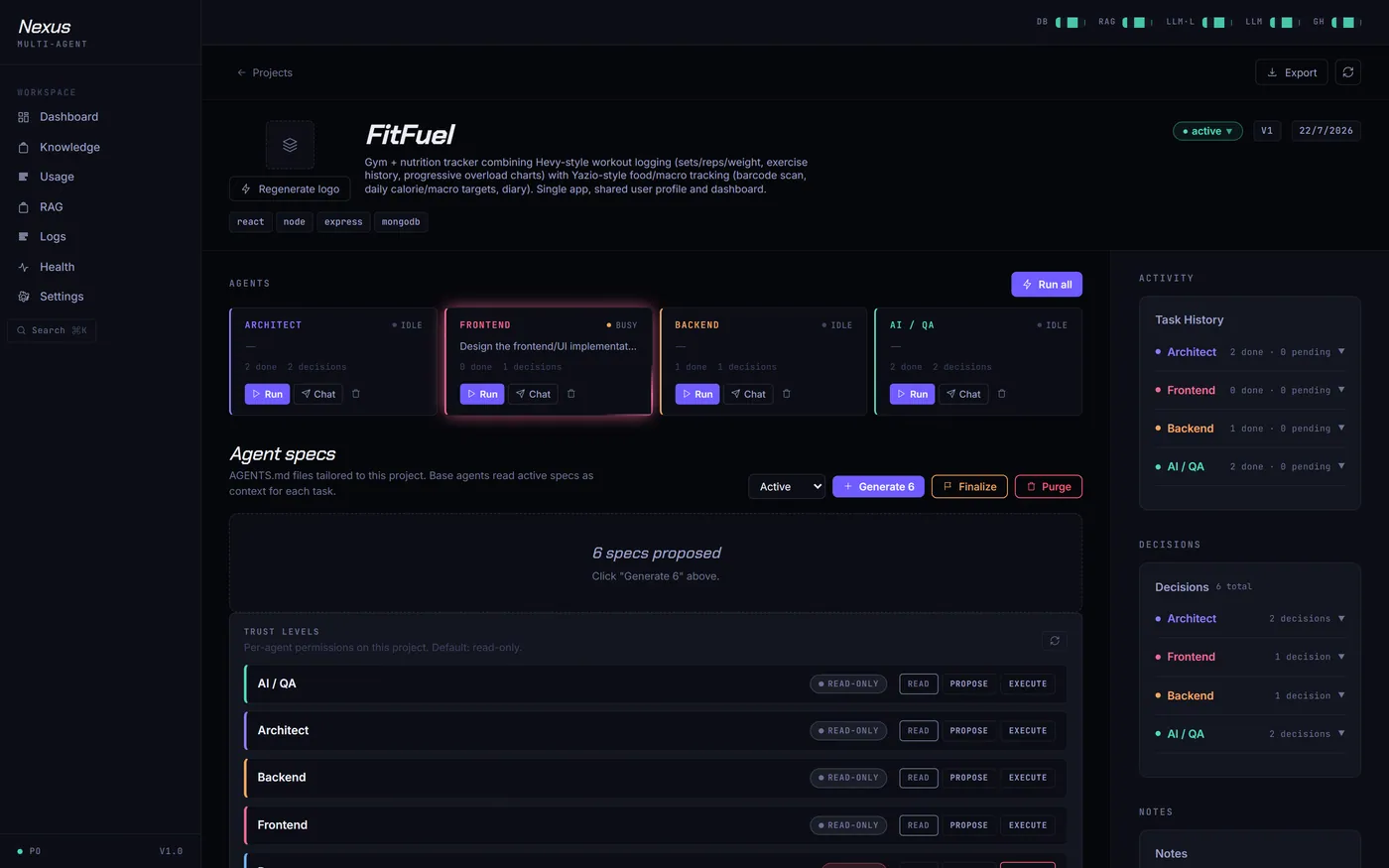 Detalle del proyecto FitFuel en NEXUS: tarjetas de los agentes Architect, Frontend, Backend y AI/QA, panel de specs, niveles de confianza por agente e historial de tareas.