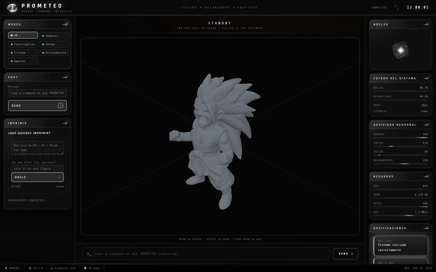 Modo 3D de PROMETEO con la malla de una figura completa cargada en el visor de Three.js, reconstruida a partir de fotografías.