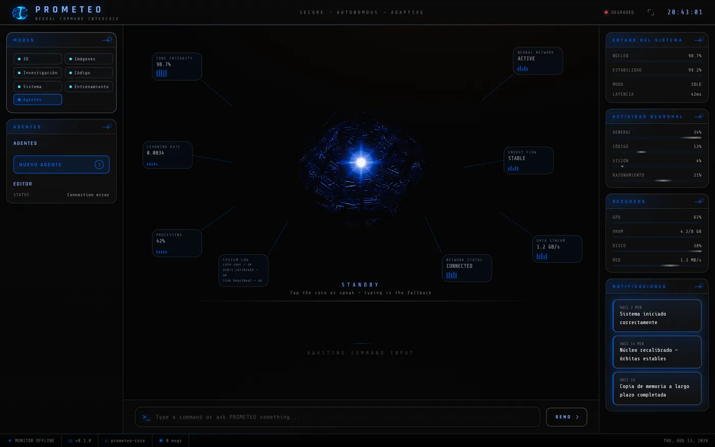 Modo Agentes de PROMETEO, con el panel para crear agentes personalizados y su editor.