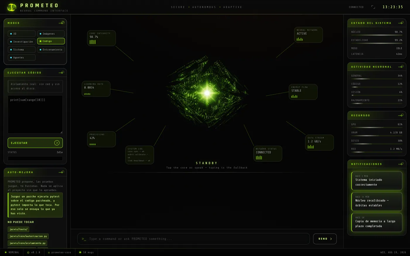 Modo Código de PROMETEO en tema verde, con el aviso de aislamiento real sobre el editor y el panel de auto-mejora.