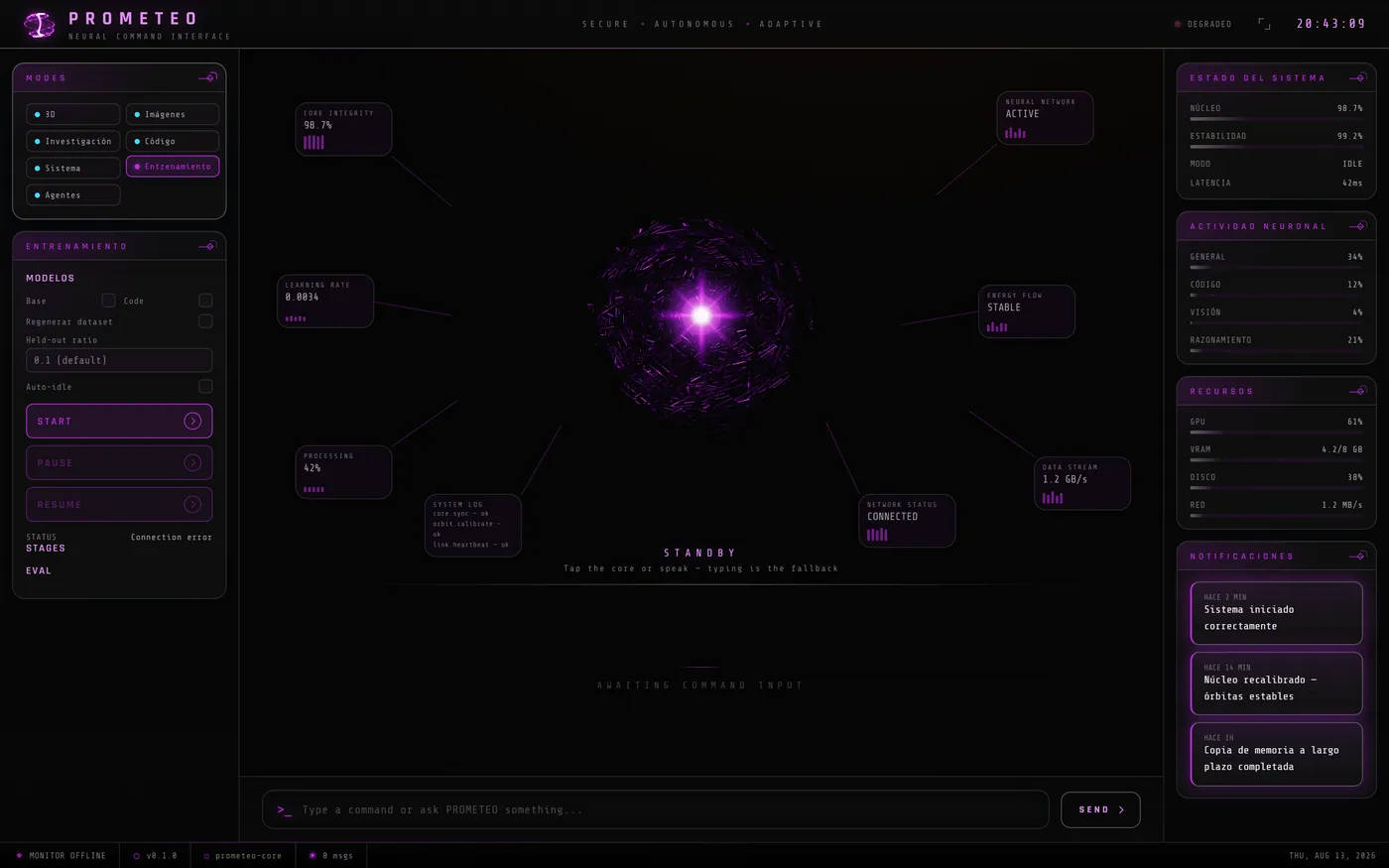 Modo Entrenamiento de PROMETEO con el panel de fine-tuning: modelos base y code, regeneración de dataset, held-out ratio y control de etapas.
