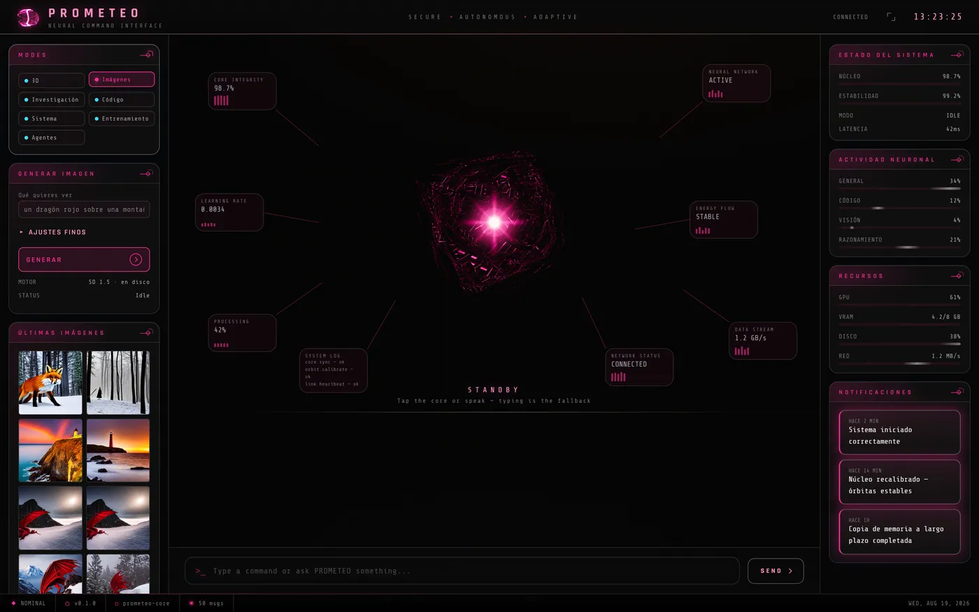 Modo Imágenes de PROMETEO en tema magenta, con el panel Generar imagen y la galería de últimas imágenes generadas.